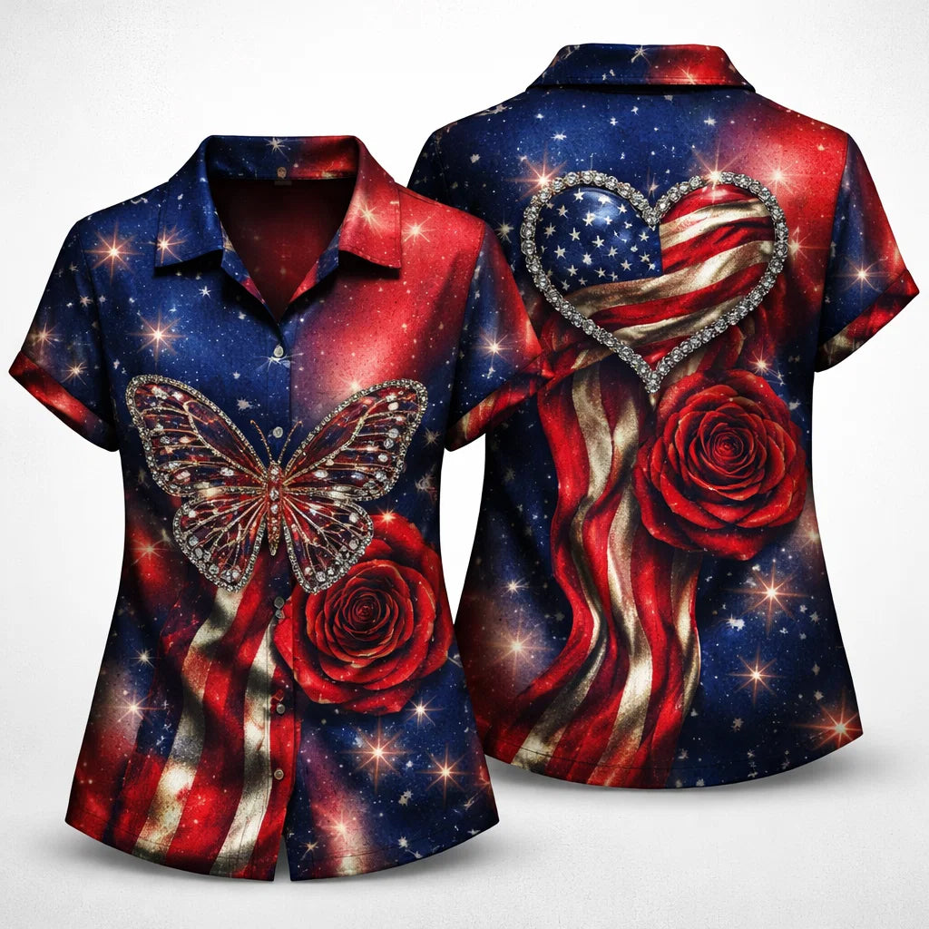 American Flag Butterfly Rose Hawaiian Shirt Patriotic Heart USA Gift
