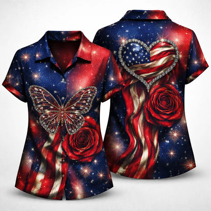 American Flag Butterfly Rose Hawaiian Shirt Patriotic Heart USA Gift