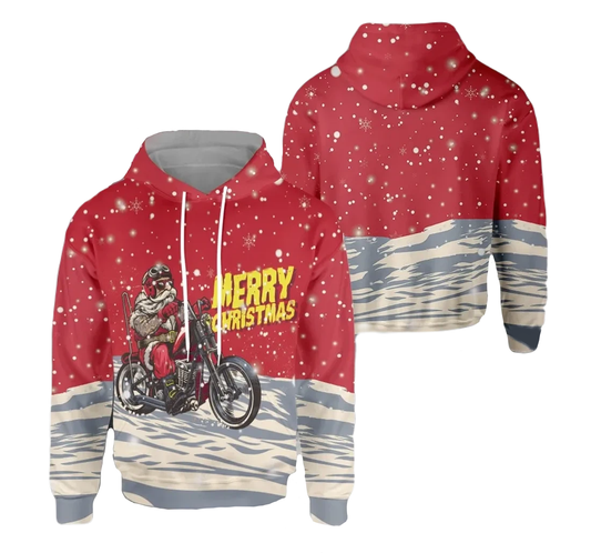 Motorcycle Hoodie Motorcycle Santa Merry Christmas Hoodie Red Gray Unisex - Cozy Hoodie For Cold Weather