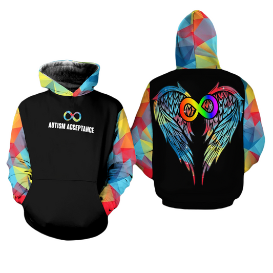 Autism Hoodie Autism Acceptance Wings Graphic Hoodie Colorful Unisex - Cozy Hoodie For Cold Weather