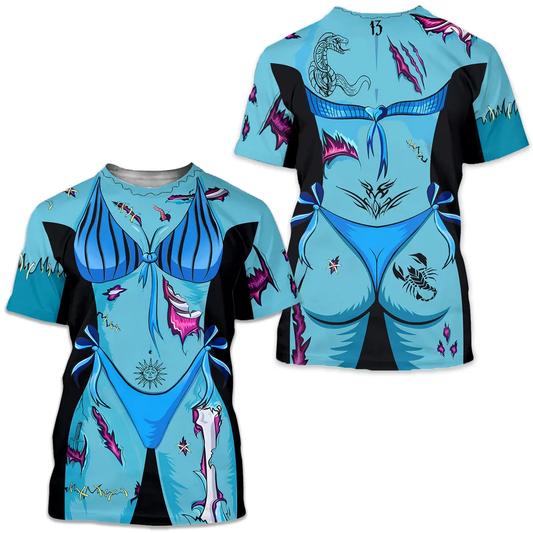 Zombie T-Shirt Zombie Girl On Bikini T-Shirt Blue Unisex - Trendy Gift For Men & Women