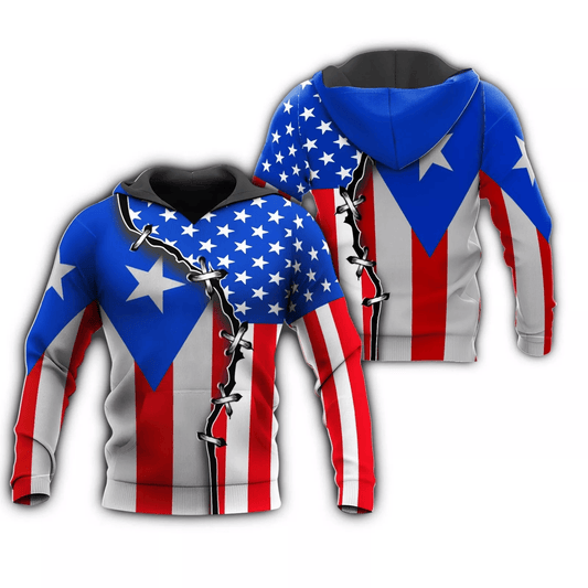 Puerto Rico Hoodie Puerto Rico Flag Stitches Pattern Hoodie Red Blue Unisex - Cozy Hoodie For Cold Weather