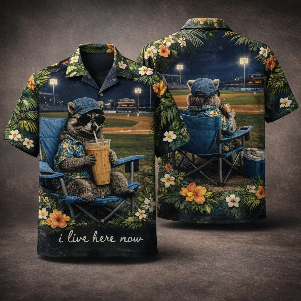 Raccoon Baseball Hawaiian Shirt, Funny Animal Stadium Aloha Shirt, Summer Sports Fan Shirt