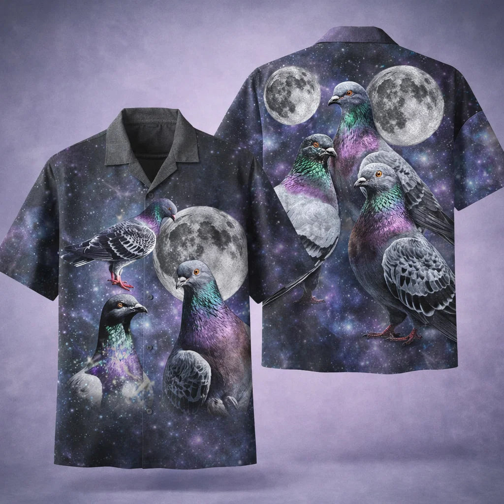 Pigeon Galaxy Hawaiian Shirt, Funny Space Bird Aloha Shirt, Moon Night Sky Shirt