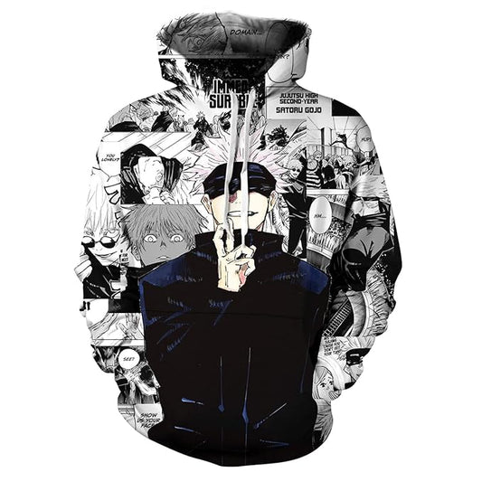 Jujutsu Kaisen Hoodie Gojo Satoru Sorcerer Manga Pattern Hoodie Black White Unisex - Cozy Hoodie For Cold Weather