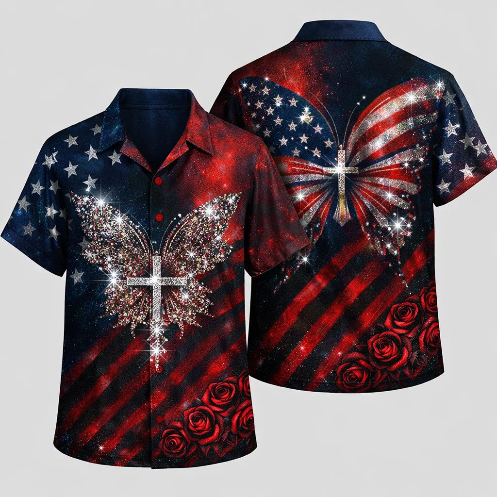 Christian Butterfly Cross American Flag Hawaiian Shirt Patriotic Jesus Gift