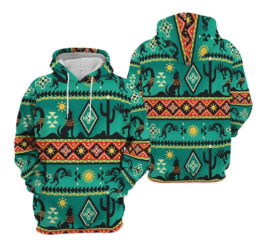 Native American Hoodie Native American Kokopelli Cactus Howling Wolf Hoodie Green Unisex - Cozy Hoodie For Cold Weather