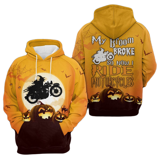 Motorcycle Hoodie My Broom Broke So I Ride Motorcycle Hoodie Black Orange Unisex - Cozy Hoodie For Cold Weather