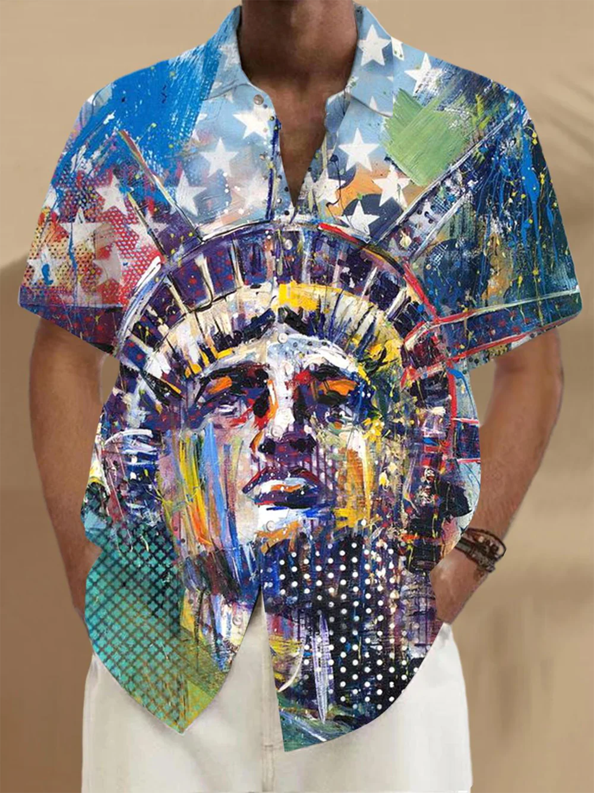Alohadaddy® Casual Oil Painting Statue of Liberty Print Art Chest Pocket Men's Short Sleeve Shirt Big & Tall