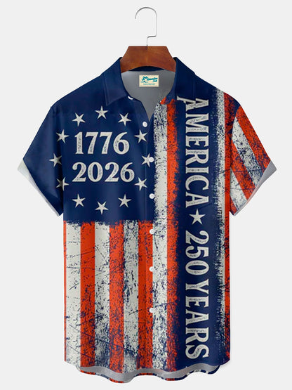 Alohadaddy® 250th Anniversary National Flag Print Men's Button-Down Pocket Short-Sleeve Shirt Big & Tall