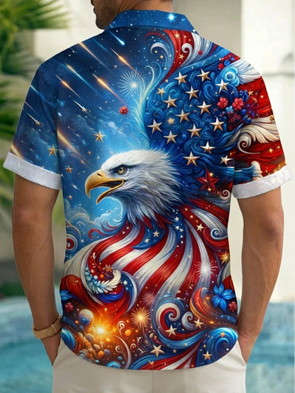 Alohadaddy® Men's Holiday Star Flag Flying Eagle Print Retro Short-Sleeve Shirt Big & Tall
