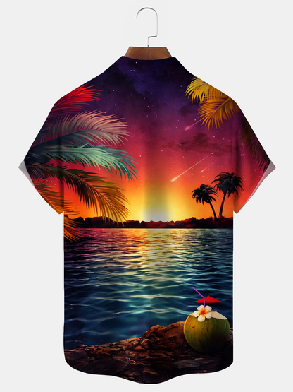 Alohadaddy® Men's Tropic Gradient Art Sunset Palm Tree Print Retro Short-Sleeve Shirt Big & Tall