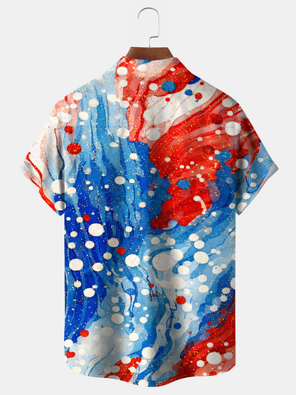 Alohadaddy® Men's Holiday Abstract Art Red Blue Flag Distorted Gradient Gold Foil Print Retro Short-Sleeve Shirt Big & Tall