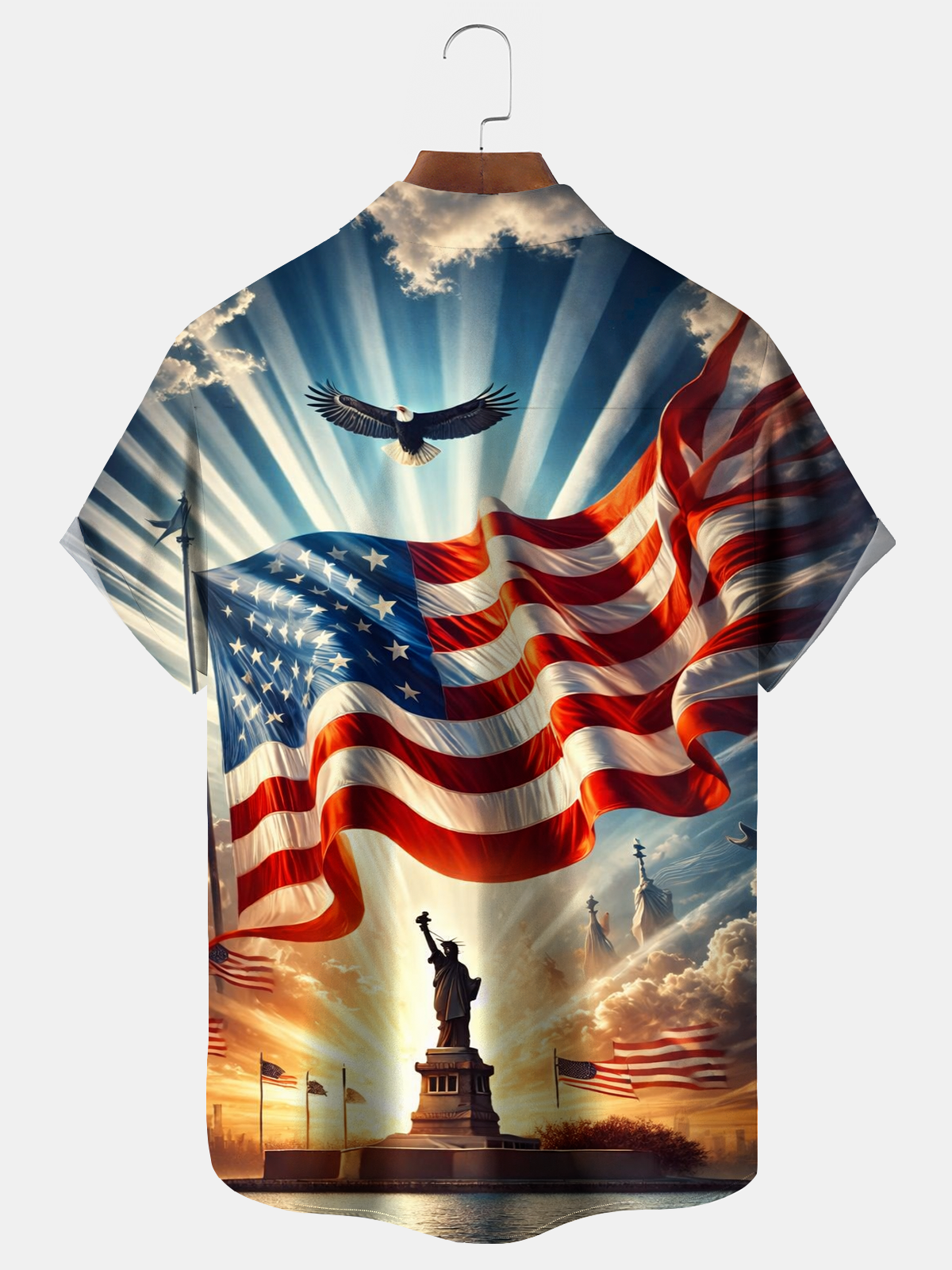 Alohadaddy® Men's Holiday Patriotic 250th Anniversary Liberty Bell Flag Eagle Fireworks Gradient Art Print Retro Short-Sleeve Shirt Big & Tall