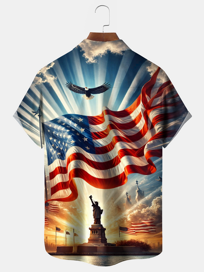 Alohadaddy® Men's Holiday Patriotic 250th Anniversary Liberty Bell Flag Eagle Fireworks Gradient Art Print Retro Short-Sleeve Shirt Big & Tall