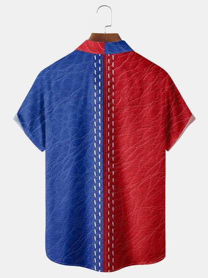 Alohadaddy® Men's Holiday Patriotic 250th Anniversary USA Flag Baseball Stitching Faux Leather Texture Print Retro Short-Sleeve Shirt Big & Tall