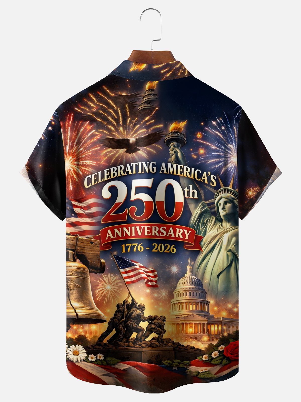 Alohadaddy® Men's Holiday 250th Anniversary Fireworks Patriotic Celebration Retro Print Shirt Button Down Short-Sleeve Big & Tall