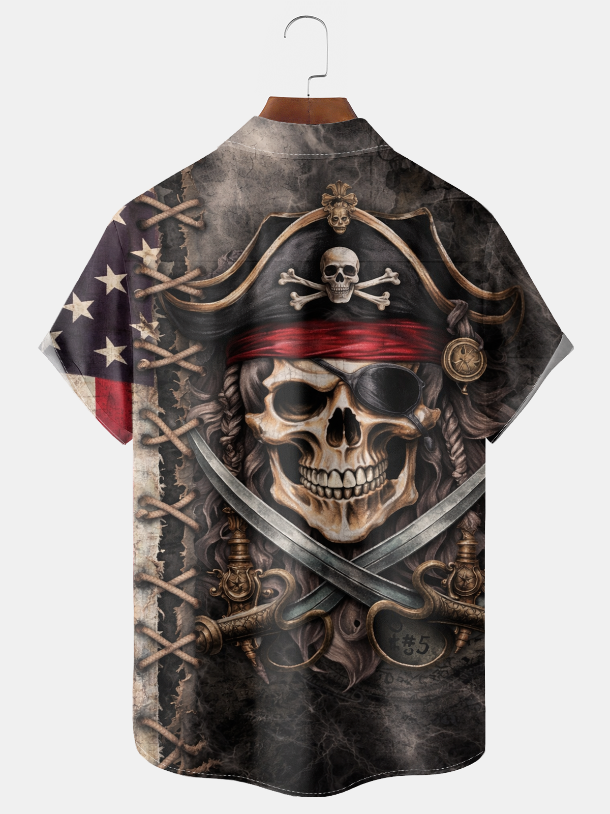 Alohadaddy® Men's Vintage Patriotic Pirate Skull Retro Print American Flag Shirt Button Down Short-Sleeve Big & Tall