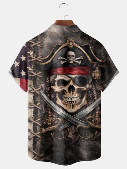Alohadaddy® Men's Vintage Patriotic Pirate Skull Retro Print American Flag Shirt Button Down Short-Sleeve Big & Tall