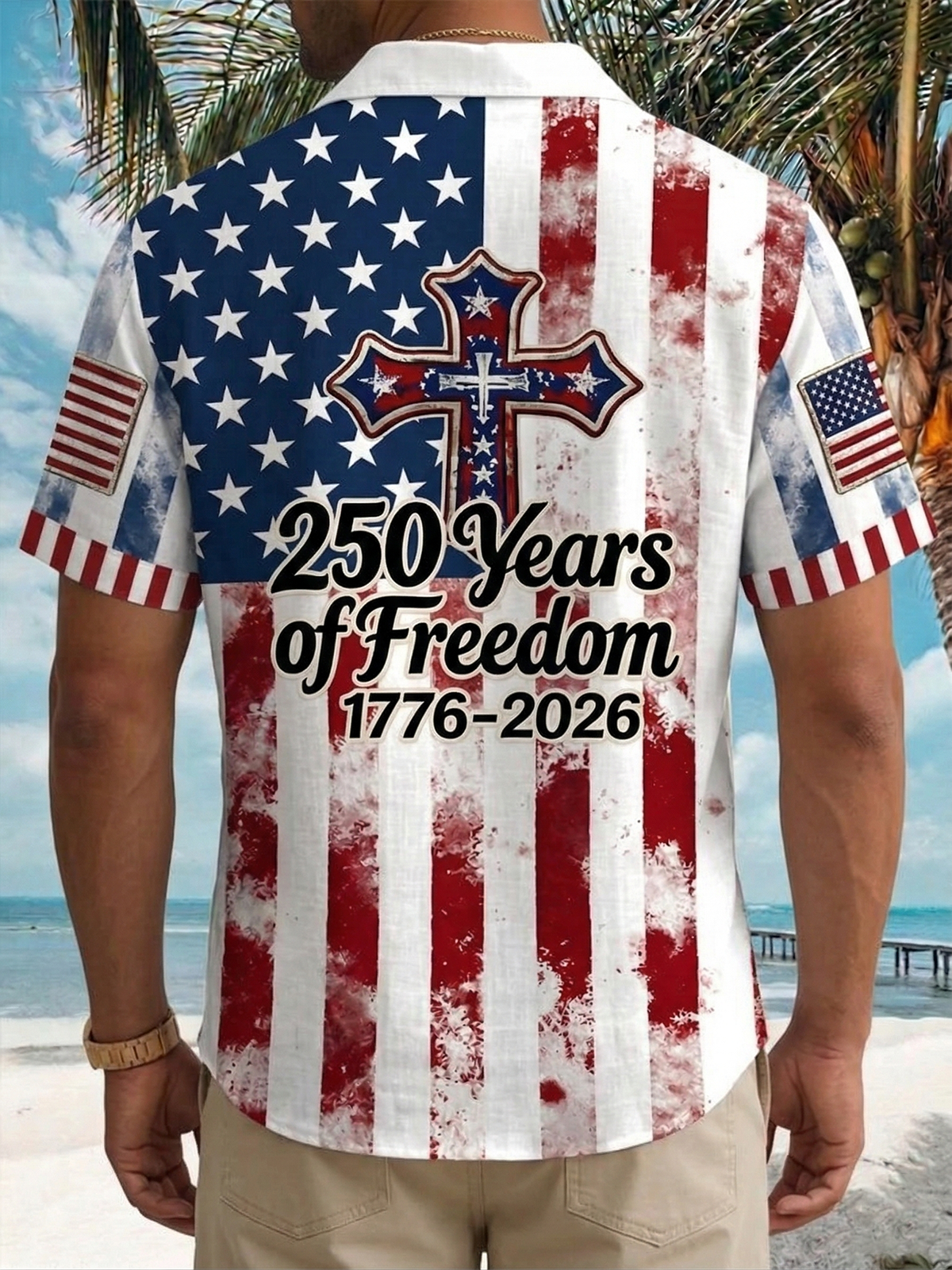 Alohadaddy® Men's Holiday Patriotic 250 Years of Freedom 1776-2026 Christian Cross Stars Stripes Retro Print Button Down Short-Sleeve Big & Tall