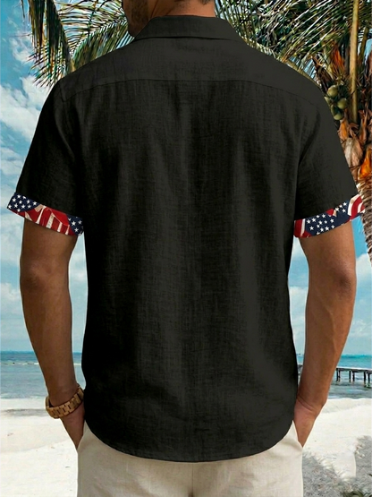 Alohadaddy® Men's Holiday Patriotic American Flag Stars Stripes Border Patchwork  Retro Print Button Down Short-Sleeve Big & Tall