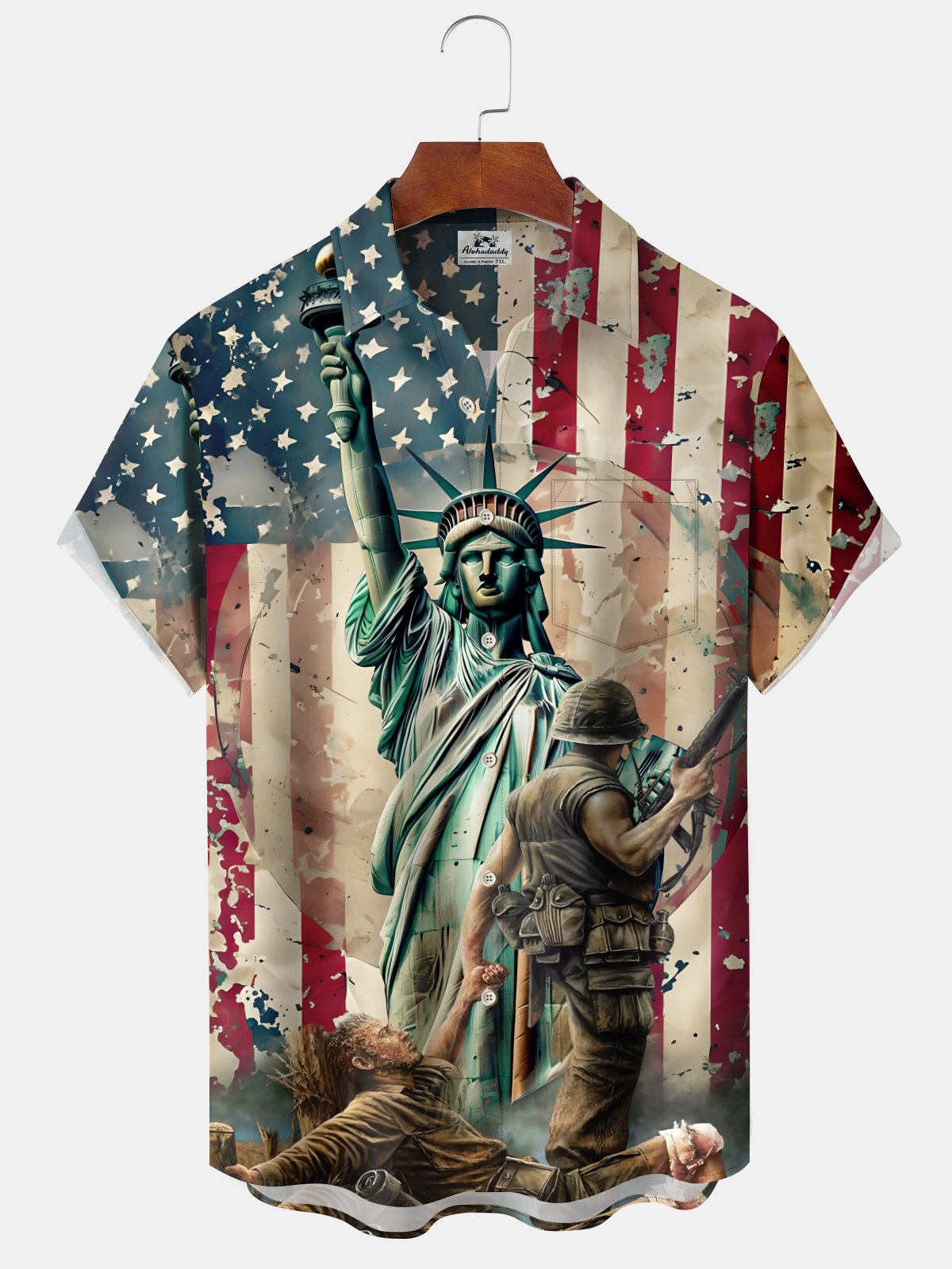 Alohadaddy Casual Vintage Independence Day Statue of Liberty American Flag Print Art Button Cardigan Pockets Stretch Oversized Polyester Short Sleeve Shirt