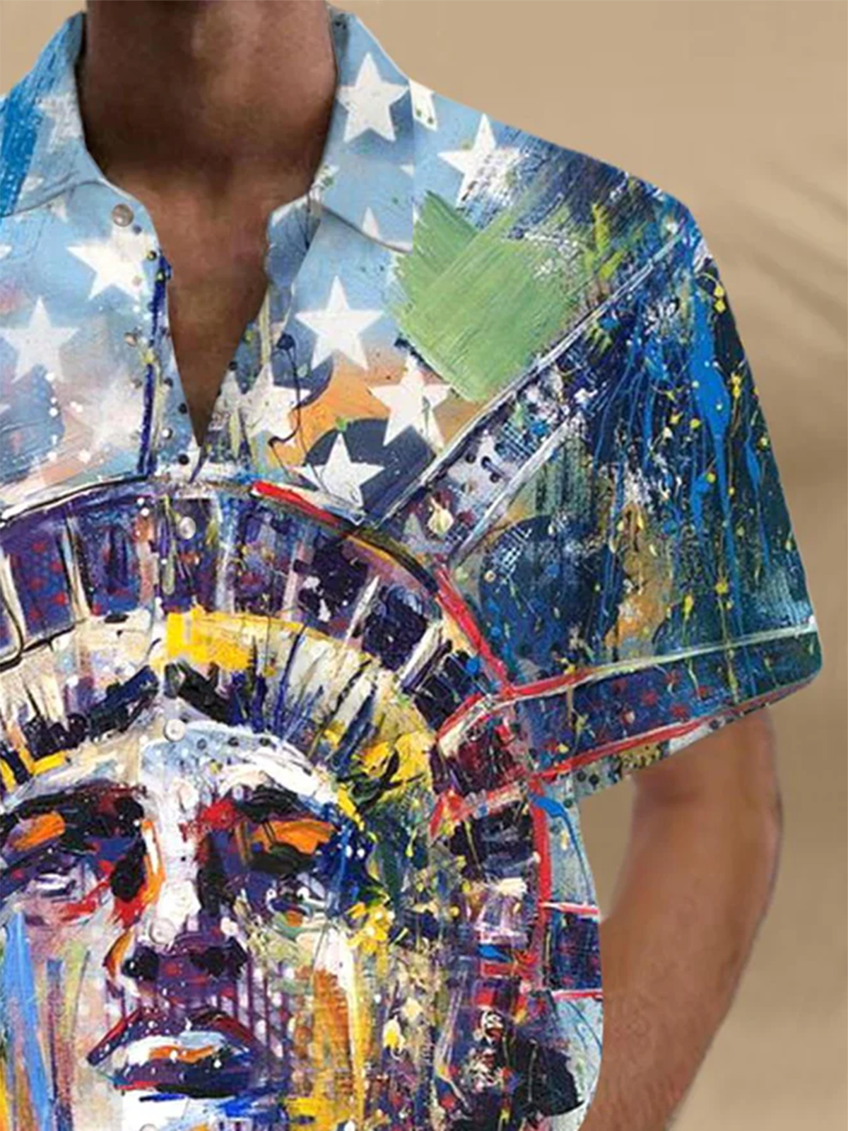 Alohadaddy® Casual Oil Painting Statue of Liberty Print Art Chest Pocket Men's Short Sleeve Shirt Big & Tall