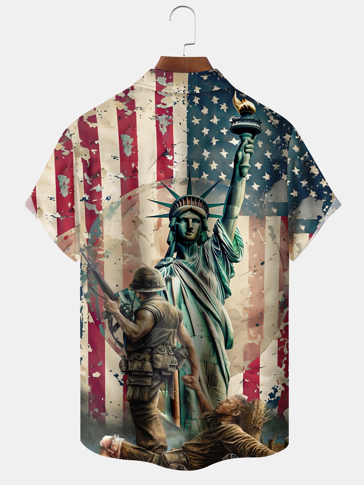 Alohadaddy Casual Vintage Independence Day Statue of Liberty American Flag Print Art Button Cardigan Pockets Stretch Oversized Polyester Short Sleeve Shirt