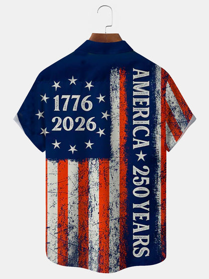 Alohadaddy® 250th Anniversary National Flag Print Men's Button-Down Pocket Short-Sleeve Shirt Big & Tall