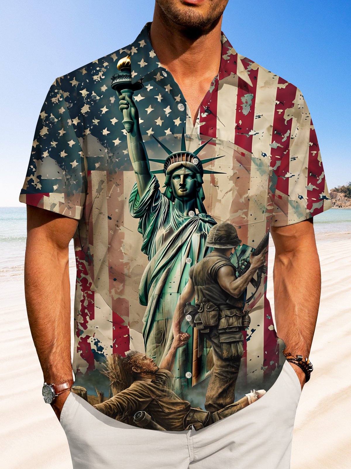 Alohadaddy Casual Vintage Independence Day Statue of Liberty American Flag Print Art Button Cardigan Pockets Stretch Oversized Polyester Short Sleeve Shirt