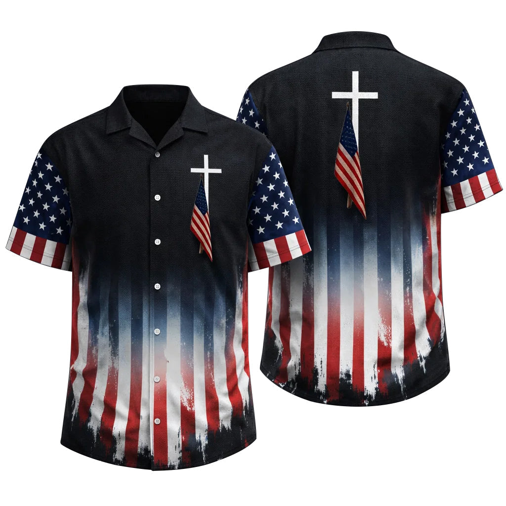 Christian USA Flag Hawaiian Shirt Cross Patriotic American Faith Shirt
