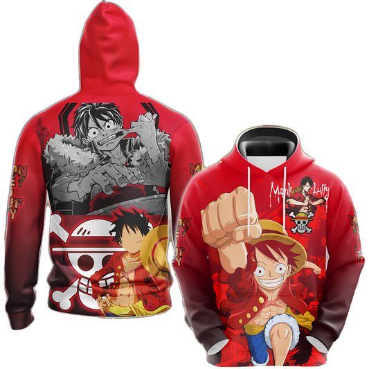 One Piece Hoodie Monkey D. Luffy In Action T-Shirt Red Unisex - Trendy Gift For Men & Women