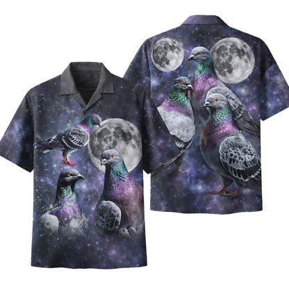 Pigeon Galaxy Hawaiian Shirt, Funny Space Bird Aloha Shirt, Moon Night Sky Shirt