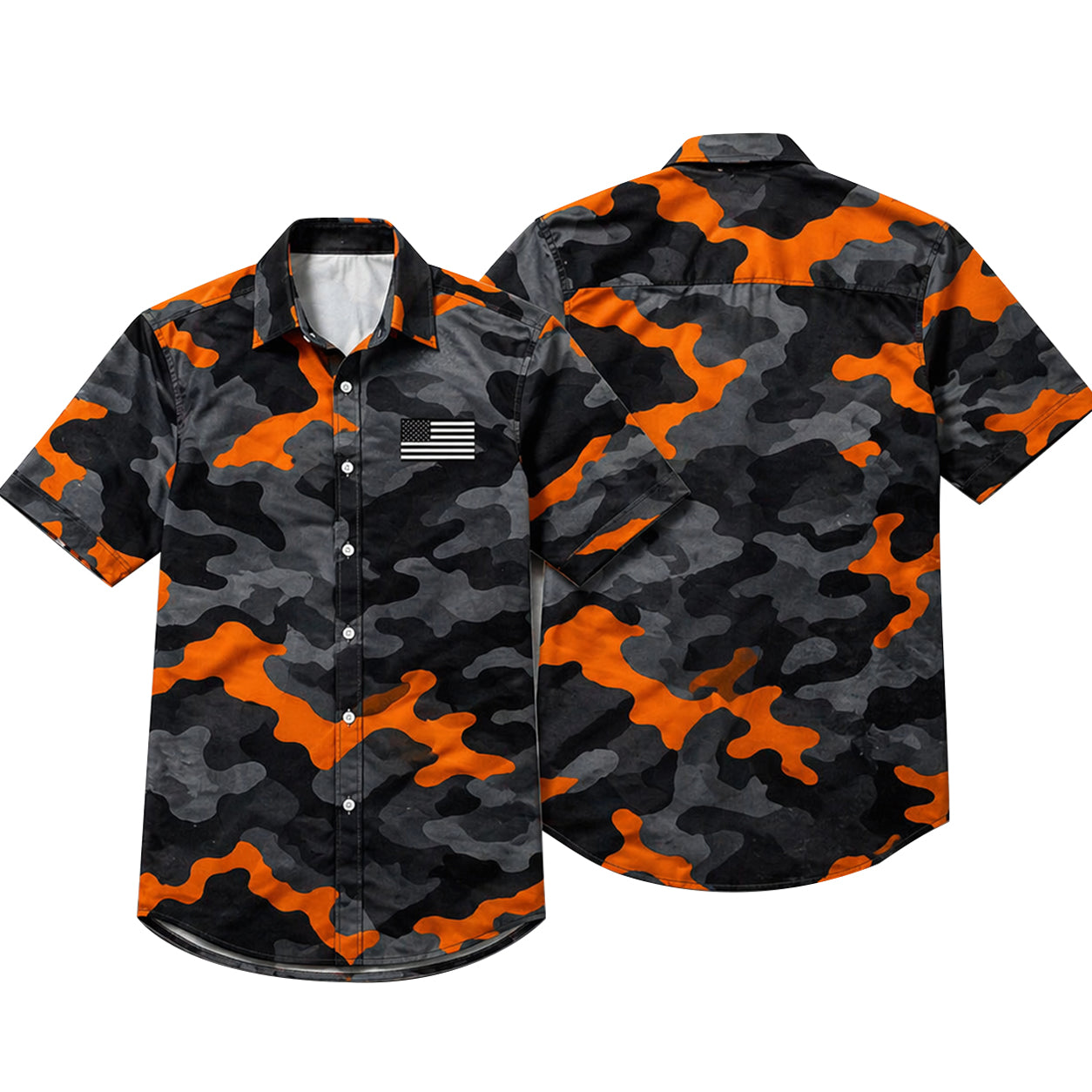 Orange Black Camo Hawaii Shirt USA Flag Tactical Camouflage Button Up