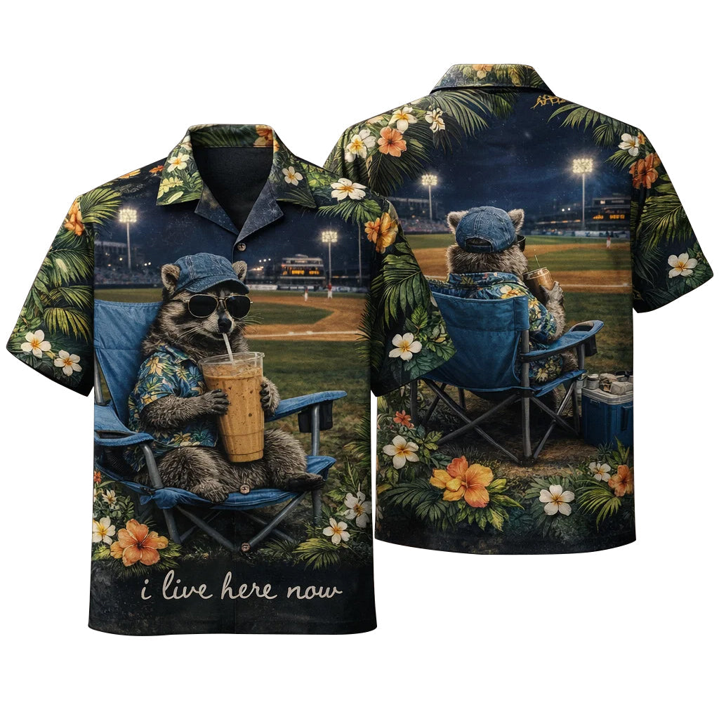 Raccoon Baseball Hawaiian Shirt, Funny Animal Stadium Aloha Shirt, Summer Sports Fan Shirt