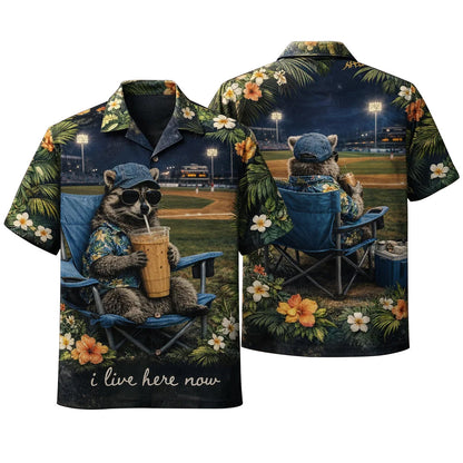 Raccoon Baseball Hawaiian Shirt, Funny Animal Stadium Aloha Shirt, Summer Sports Fan Shirt
