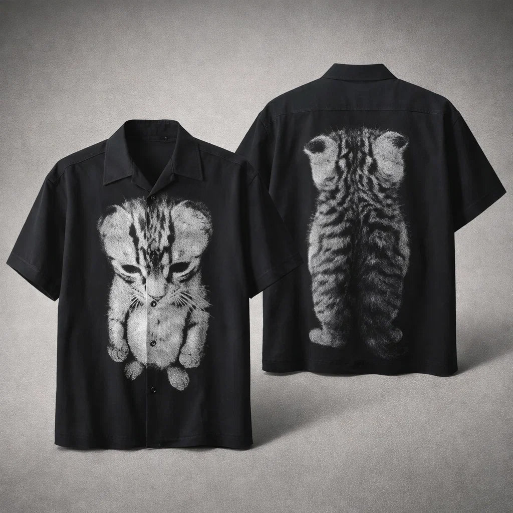 Cute Kitten Optical Illusion Hawaiian Shirt, Funny Cat Front Back Graphic Shirt, Minimal Black Cat Lover Aloha Shirt