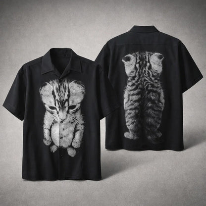 Cute Kitten Optical Illusion Hawaiian Shirt, Funny Cat Front Back Graphic Shirt, Minimal Black Cat Lover Aloha Shirt