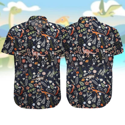 Dinosaur Floral Button Up Shirt, Animal Tropical Vacation Hawaiian Shirt