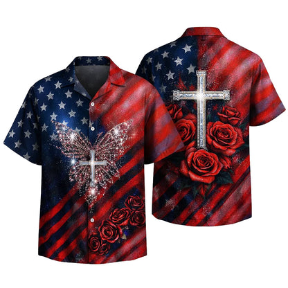 Christian Cross Rose American Flag Hawaiian Shirt Patriotic Jesus Gift