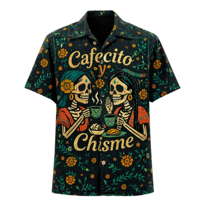 Cafecito y Chisme Hawaiian Shirt, Funny Skeleton Coffee Aloha Shirt, Mexican Sugar Skull Shirt