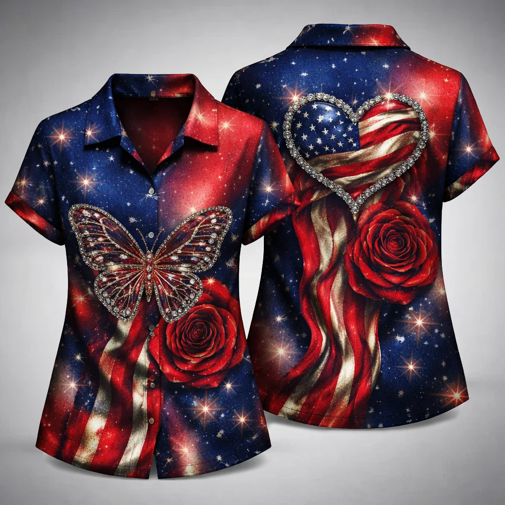 American Flag Butterfly Rose Hawaiian Shirt Patriotic Heart USA Gift