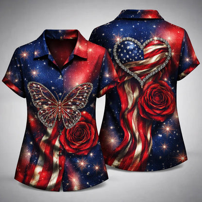 American Flag Butterfly Rose Hawaiian Shirt Patriotic Heart USA Gift