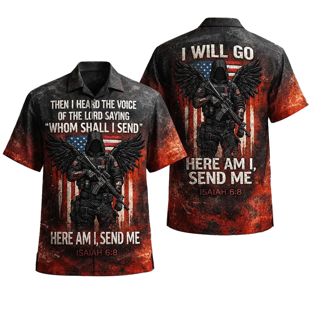 Christian Patriotic Hawaiian Shirt Isaiah 6:8 Here I Am Send Me USA Flag