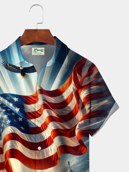 Alohadaddy® Men's Holiday Patriotic 250th Anniversary Liberty Bell Flag Eagle Fireworks Gradient Art Print Retro Short-Sleeve Shirt Big & Tall