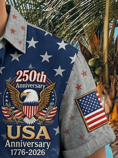 Alohadaddy® Men's Vintage 250th Anniversary Distressed Denim Eagle Shield Print Button Down Short-Sleeve Big & Tall
