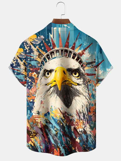Alohadaddy Holiday Collection Independence Day American Eagle Button Cardigan Pockets Stretch Oversized Polyester Short Sleeve Shirt