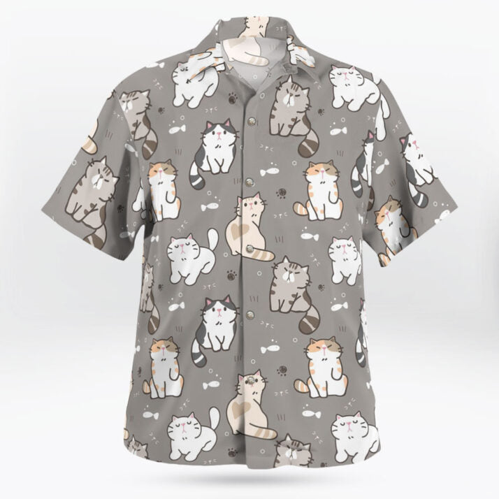 Kawaii Cat Pattern Button Up Gray Hawaiian Shirt - Tropi Hawaiian Shirts