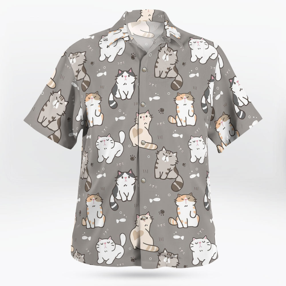 Kawaii Cat Pattern Button Up Gray Hawaiian Shirt - Tropi Hawaiian Shirts