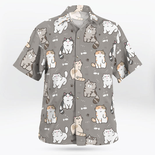 Kawaii Cat Pattern Button Up Gray Hawaiian Shirt - Tropi Hawaiian Shirts